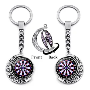 Rotating Dartboard Keychain Silver Metal Hollow Moon Frame Double Sided Darts Target Pendant Sports Fan Gift Key Ring