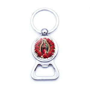 Polished metal keychain bottle opener featuring a Virgin of Guadalupe and rose motif