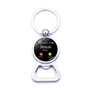 Detail of metal beer bottle opener keychain with Jesus Calling phone call design