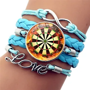 Close-up of sky blue multilayer braided bracelet with infinity, love, and dartboard charms