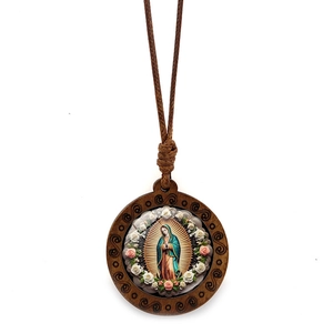 Collier à Pendentif Religieux Vintage en Bois et Alliage Dessins de la Sainte Famille Vierge Marie Cordon de Cire Réglable Bijoux de Noël Cadeau Unisexe