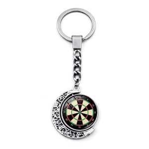 Dartboard moon keychain with silver hollow crescent and rotating center pendant