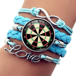 Light blue multi-layer woven leather bracelet with dartboard, infinity, and love charms