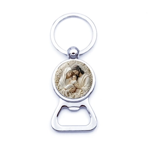 Religious Holy Family keychain beer bottle opener in polished silver stainless steel finish