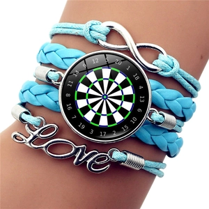Blue multilayer woven bracelet with Love charm, infinity symbol and dartboard pendant