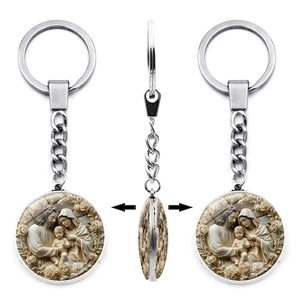 Religious Art Zinc Alloy Glass Keychain Vintage Holy Family Virgin Mary Relief Double Sided Pendant Christmas Religious Gift Keychain