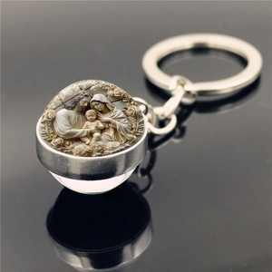 Porte-clés en Métal Religieux Cabochon en Verre Sainte Famille Vierge Marie Jésus Alliage d'Argent Pendentif Icône Religieuse Vintage Porte-clés Cadeau