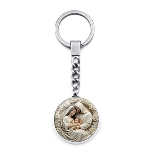 Religious Holy Family metal keychain with silver flower border and vintage round pendant