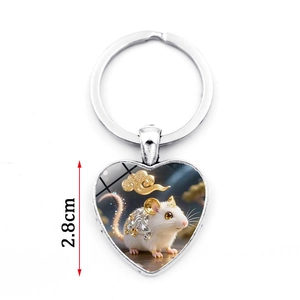 Silver heart keychain with Year of the Rat zodiac illustration and 2.8cm pendant detail