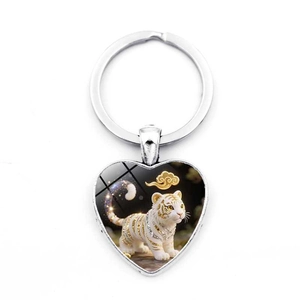 Chinese Zodiac Heart Shaped Keychain For Women Men Zinc Alloy Glass Patch Animal Pendant Keyring Dragon Bag Hanging Accessory