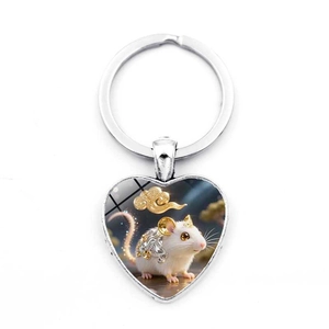 Heart-shaped Chinese zodiac rat keychain with golden clouds on a white background