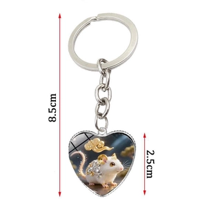 Porte-clés cœur argenté avec illustration de souris zodiaque et nuages dorés, 8.5cm
