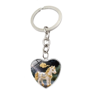 Porte-clés créatif en forme de cœur avec pendentif cheval blanc et métal poli brillant