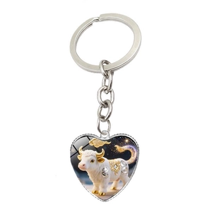 Porte-clés Coeur Zodiaque Chinois Pendentif Cabochon en Verre Alliage de Zinc Animal Anneau pour Sac Voiture Déco Unisexe
