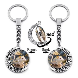 Chinese Zodiac Moon Spinner Keychain Rotating Double Sided Crescent Moon Key Ring Silver Metal Bag Pendant For Women Men Jewelry Gift