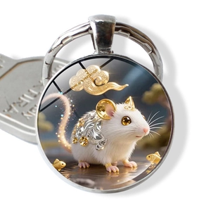 Porte-clés Cabochon en Verre Alliage de Zinc Douze Signes du Zodiaque Chinois Pendentif Animal Rond pour Sac Bijoux Femme