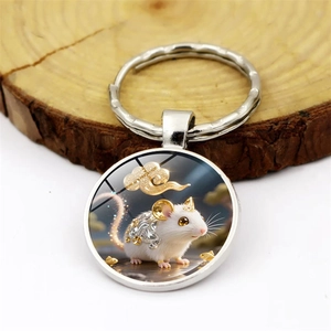 Porte-clés signe du zodiaque rat avec cadre argenté et pendentif en verre sur bois