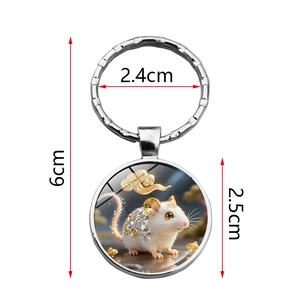 Porte-clés signe chinois du rat avec pendentif rond en métal et illustration de rat mignon