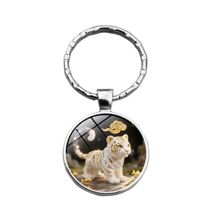 Porte-clés en métal tigre blanc avec illustration 3D et anneau en argent poli