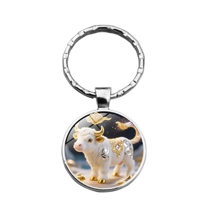 Porte-clés argenté poli avec pendentif en verre motif zodiaque chinois bœuf blanc