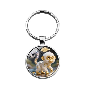 Vue détaillée du pendentif rond en verre orné d'un joli motif de signe du zodiaque singe
