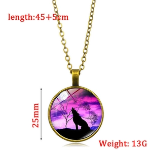 Vintage bronze howling wolf pendant necklace with glowing glass gem and 45cm chain