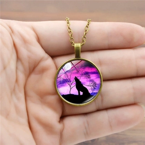 Luminous howling wolf silhouette glass gem pendant necklace with vintage bronze chain