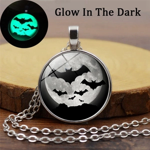 Glow in the dark bat pendant necklace with gothic glass dome on silver chain