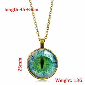 Collana con pendente occhio di drago verde in bronzo vintage, 25mm con catena da 50cm
