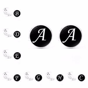Men Round Initial Alphabet Cufflinks Alloy Glass Initial Letter Shirt Accessory For Wedding Business Anniversary Jewelry Gift