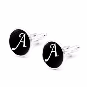Silver cufflinks for men featuring round black design with white letter A alphabet