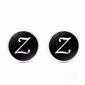 Classic silver-tone round cufflinks with black background and white artistic letter Z