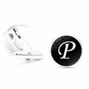 Detailed view of silver mens cufflinks with letter P design and classic bullet back closure