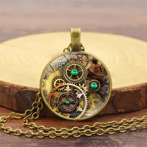 Collier Pendentif Gemme du Temps Motif Engrenage Steampunk Vintage Alliage Verre Mécanique Bijoux Bronze Argent Noir Unisexe