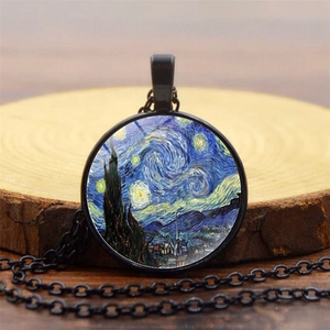 Collier avec pendentif cabochon La Nuit Étoilée de Van Gogh et chaîne en métal noir