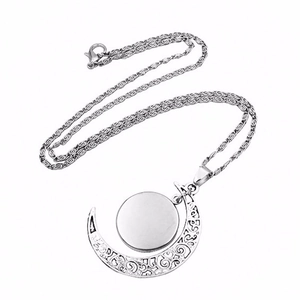 Silver crescent moon pendant necklace with howling wolf glass gem and rope chain jewelry