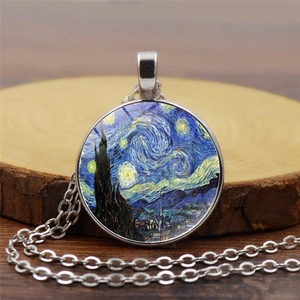 Collier Pendentif Cabochon en Verre d'Art La Nuit Étoilée Vincent Van Gogh Chaîne en Alliage Rétro Bijoux Artistiques Cadeau