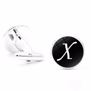 Silver cufflinks with black round inlay featuring white script letter X and bullet back