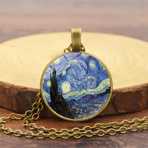 Collier pendentif en verre Van Gogh La Nuit Étoilée en bronze vintage pour bijoux de femmes