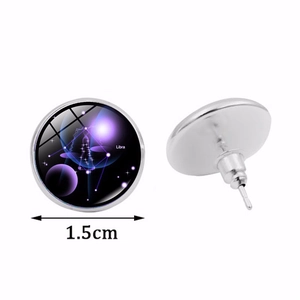 Boucles d'oreilles signe Balance avec cabochon en verre et motif ciel étoilé