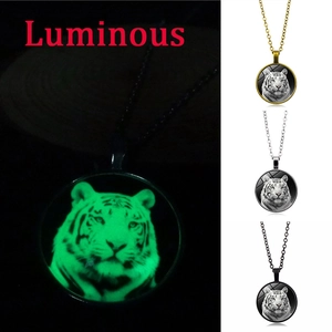 Luminous tiger head glass dome necklace in gold silver and black metal finishes