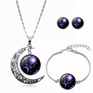 12 Signes du Zodiaque Constellation Lune Collier Bracelet Boucles d'Oreilles Bijoux Alliage Verre Pierre de Temps Ciel Étoilé Vintage Mode Femme Bijoux Cadeau