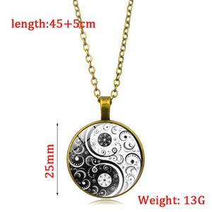 Luminous Yin Yang Tai Chi glass dome pendant necklace with retro brass finish chain