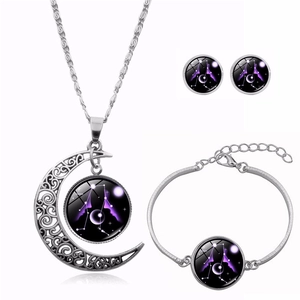 Ensemble de bijoux quatre pièces argenté du zodiaque Gémeaux avec pendentif lune en verre