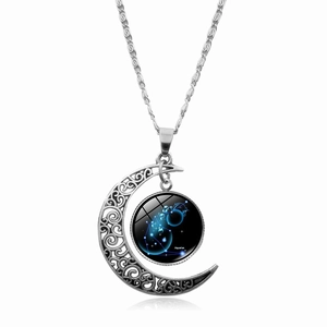 Collana con Ciondolo a Luna dei Dodici Segni Zodiacali Argento Lega Vetro Gioielli Cielo Stellato Regalo di Compleanno Donna Uomo
