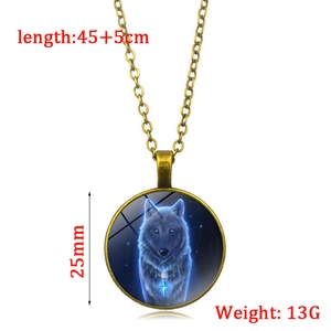 Luminous wolf necklace with bronze pendant featuring glowing time gem on 45cm chain