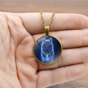 Vintage bronze luminous wolf necklace with glowing glass gem pendant and wave chain