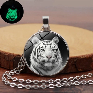 Luminous white tiger necklace with silver alloy frame and glow in the dark pendant