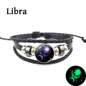Bracelet Lumineux Douze Constellations Zodiaque Fait Main Tressé en Similicuir Bijoux Brillant Dans le Noir pour Hommes Femmes Cadeau