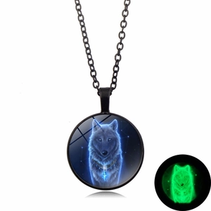 Luminous wolf totem pendant necklace with glowing crystal gem and black chain for women